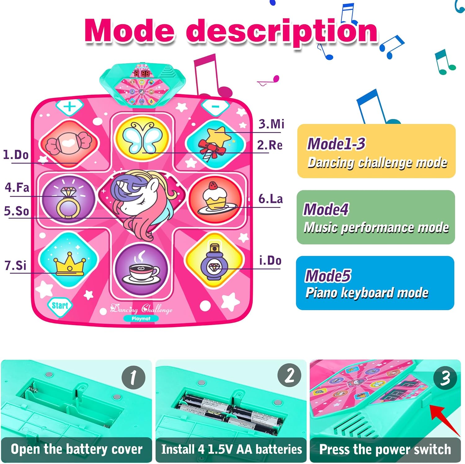 Kusntin Dance Mat, Dance Mixer Rhythm Step Play Mat, Pink Dance Pad with LED Lights, Adjustable Volume, Built-in Music, 5 Game Modes, Xmas Birthday Gifts for 3-10 Years Girls Toys (Multicolor)