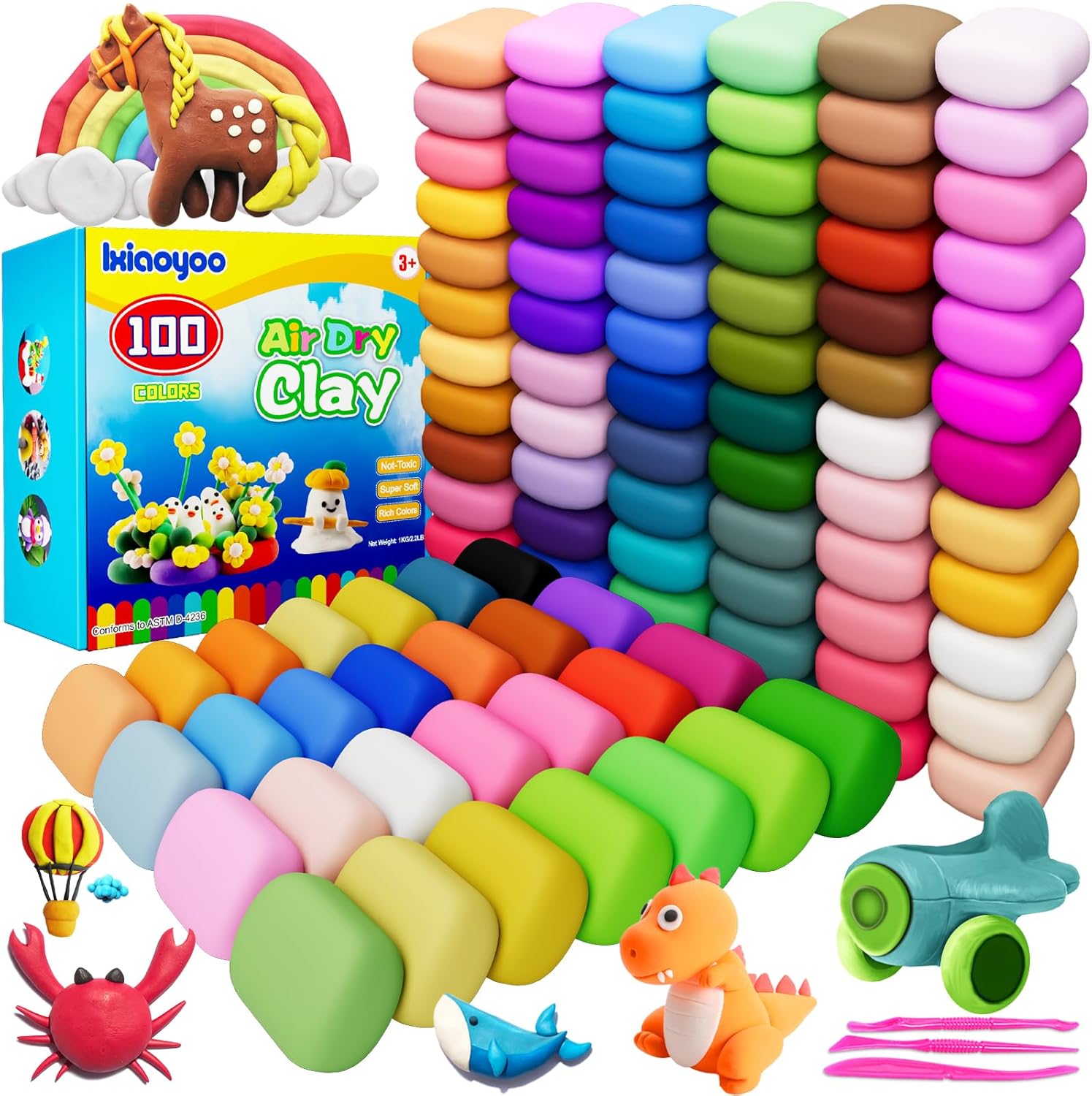 Ixiaoyoo Air Dry Clay, 100 Colors Modeling Clay for Kids, Safe & Non-Toxic, DIY Model Art & Crafts Toys with Sculpting Tools, Home Party Favors, Birthday Toys Gift for Ages 3-12 Boys & Girls