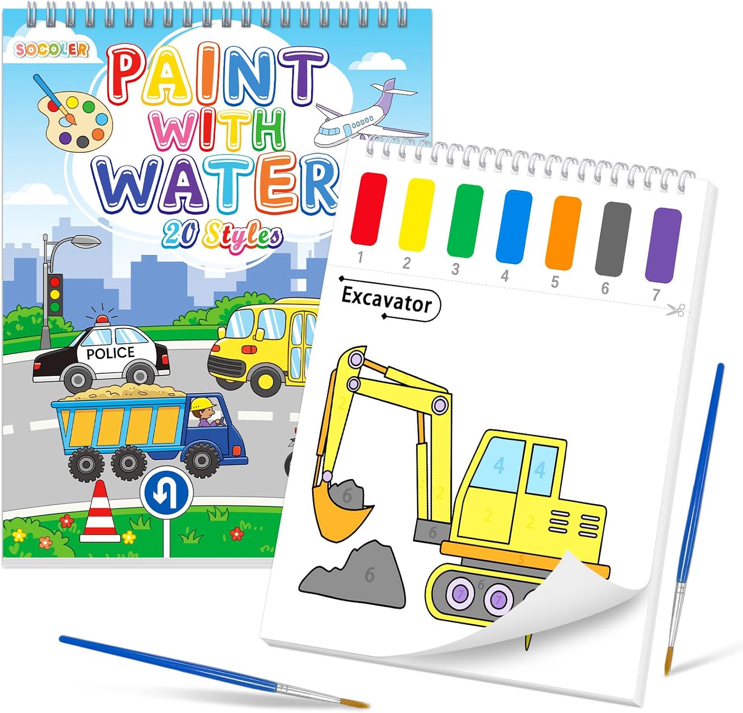 SOCOLER Paint with Water Coloring Books for Toddlers, Traffic Theme Mess Free Watercolor Painting Papers for Kids Water Color Paint Kit Art Craft Birthday Gift for Ages 1-3, 4-8