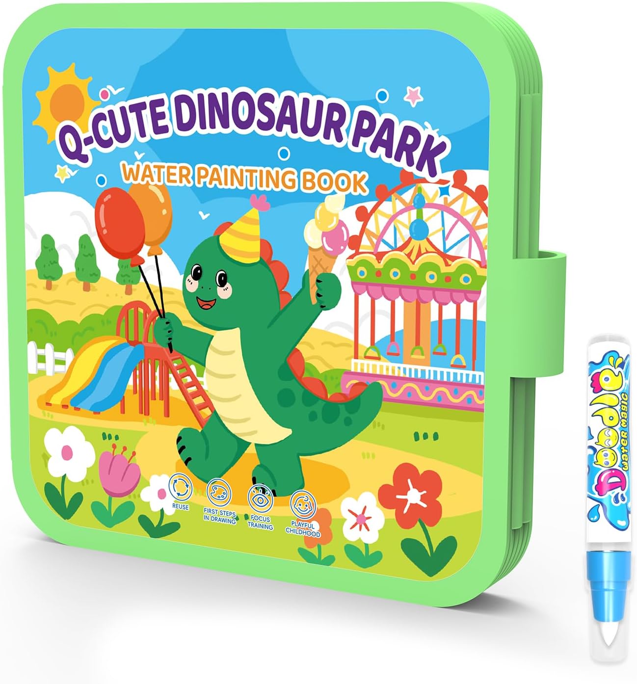 Reusable Water Coloring Books for Toddlers, Clean & Easy Painting & Doodle Book Toys for Kids Ages 1-3, 2-4 | Paint with Water Activity Book, Travel Gift for Boys & Girls-Dinosaur