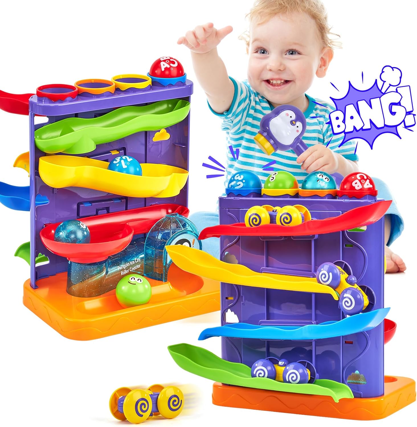 hahaland Ball Drop Toys for 1 Year Old, 2 in 1 Pound a Ball & Car Ramp Montessori Toys for 1 Year Old, Cause and Effect Toys with 4 Balls, 4 Cars & Squeaky Hammer, Toddler Birthday Gift 12M+