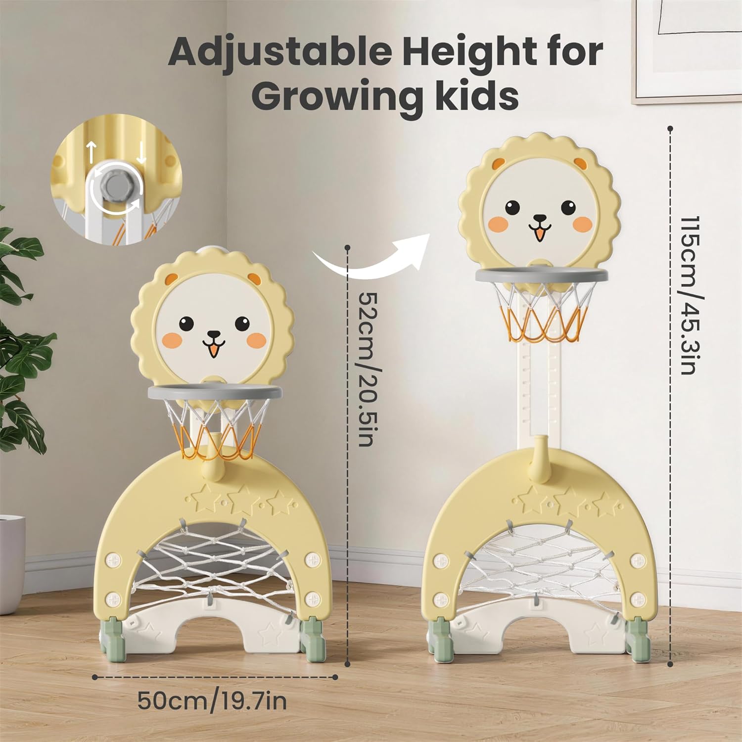 4-in-1 Toddler Basketball Hoop Indoor Adjustable Height Outdoor Sports Center for Kids Basketball, Soccer, Hockey & Ring Toss, Yellow and Green