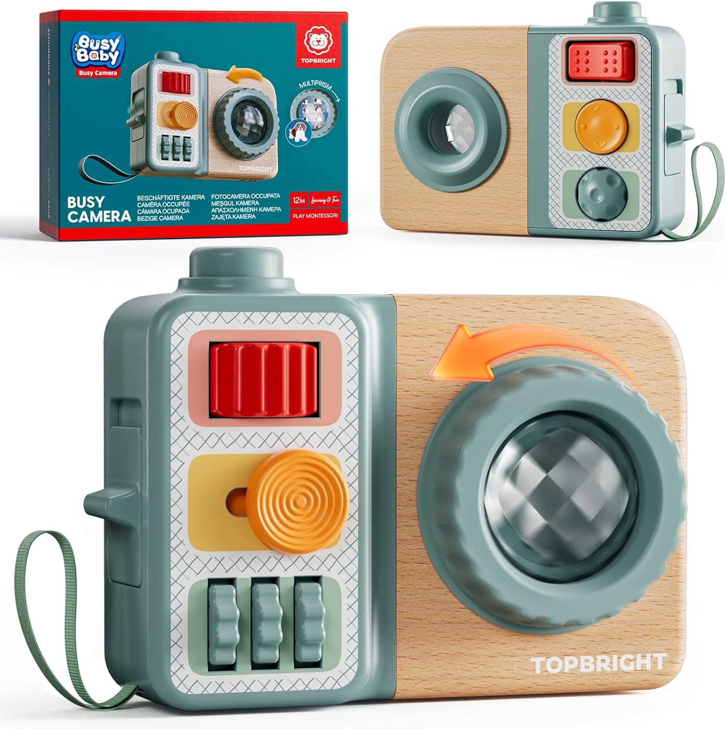 TOP BRIGHT Busy Board for 1 Year Old, Montessori Sensory Toys for Toddlers 1-3, Fine Motor Skills Busy Camera, Travel Toys for Babies 12-18 Months on Airplane Car, 1 Year Old Boy Girl Birthday Gifts