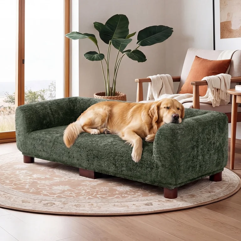 Advwin 55" Dog Sofa for Large & Extra Large Dogs, Elevated Chenille Dog Bed with Backrest, Armrests & Legs, Comfortable Indoor Pet Couch Bed, Dark Green