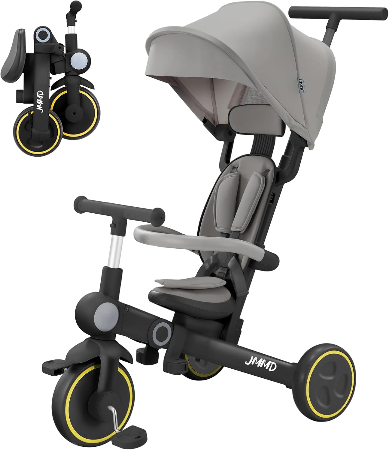 JMMD Baby Tricycle, 7-in-1 Multifunctional Kids Trike with Adjustable Parent Handle, Safety Harness & Wheel Brakes, Removable Canopy, Stroll Trike for Boys & Girls Ages 18 Months-5 Years, Black