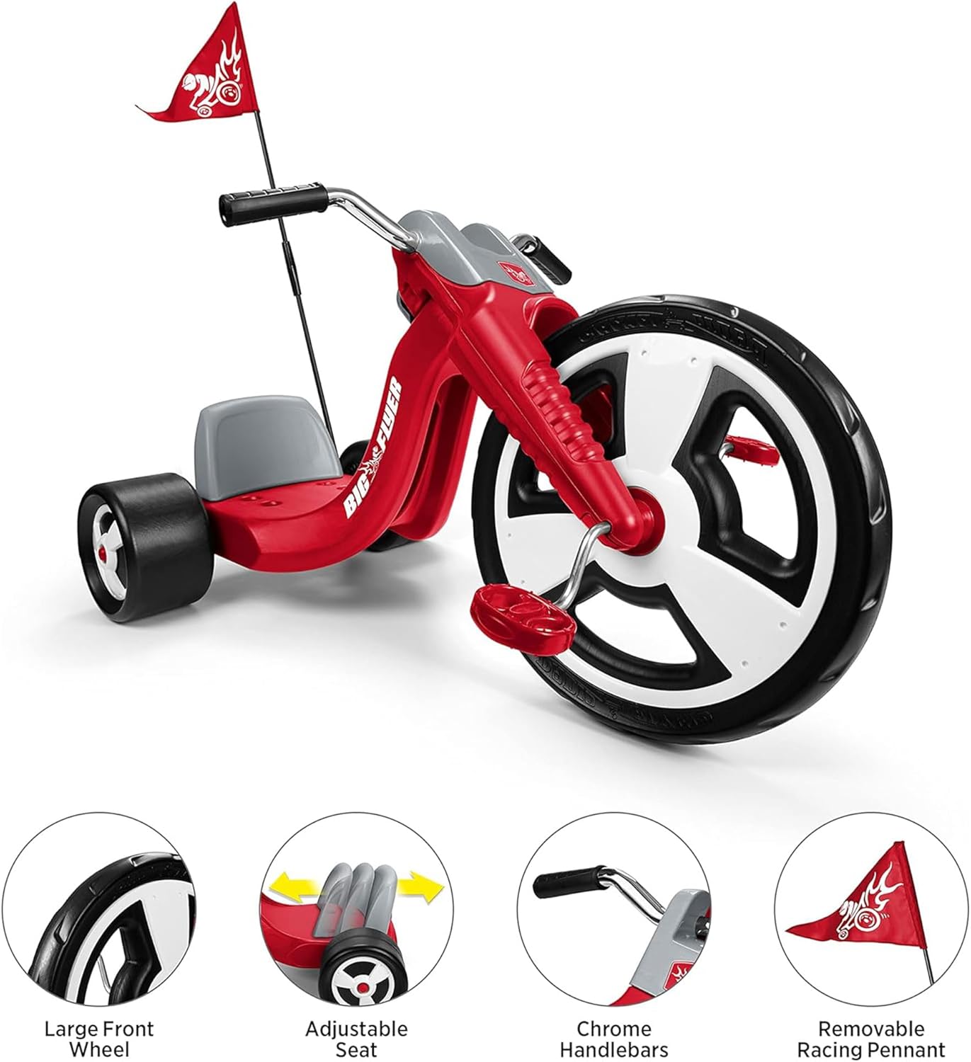 Radio Flyer Big Flyer Sport, for Kids 3-7, Chopper-Style Tricycle with 16-Inch Front Wheel, Adjustable Seat, Chrome Handlebars, Removable Racing Pennant, Performance Grip Tread, Tricycle for Kids