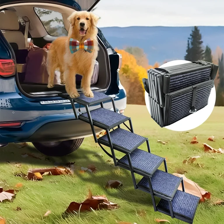 Dog Ramp for Car Truck SUV Dog Stairs for Large Dogs Folding Pet Stairs with Non-Slip Rug Surface Supports Up to 250 lbs (6 Steps