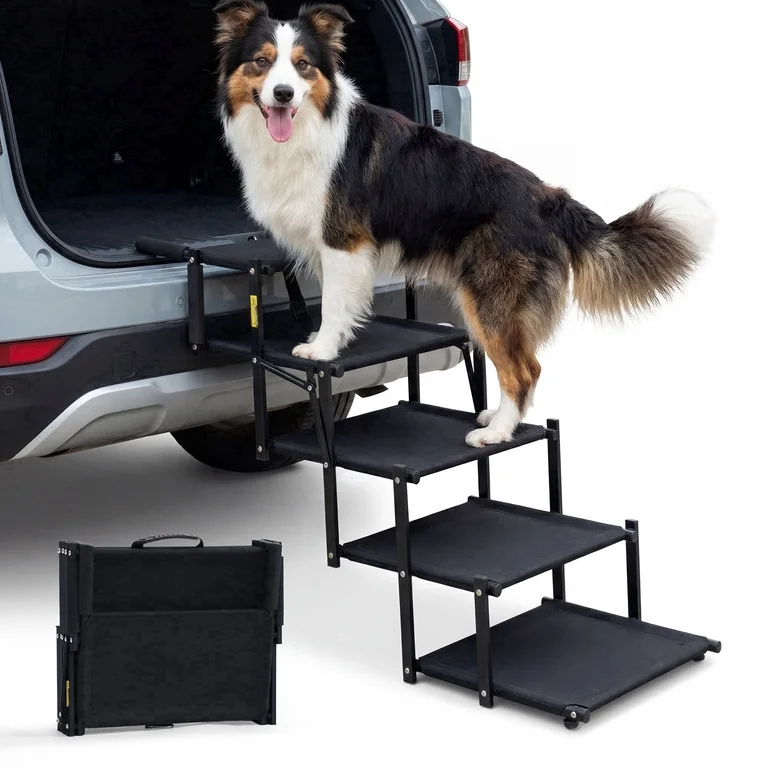 Poshby Foldable Dog Car Stairs, Non Slip 5 Steps Dog Ramp for Large Dogs, Portable Pet Steps for Cars SUV Truck,Supports Up to 130 Lbs,19inch W