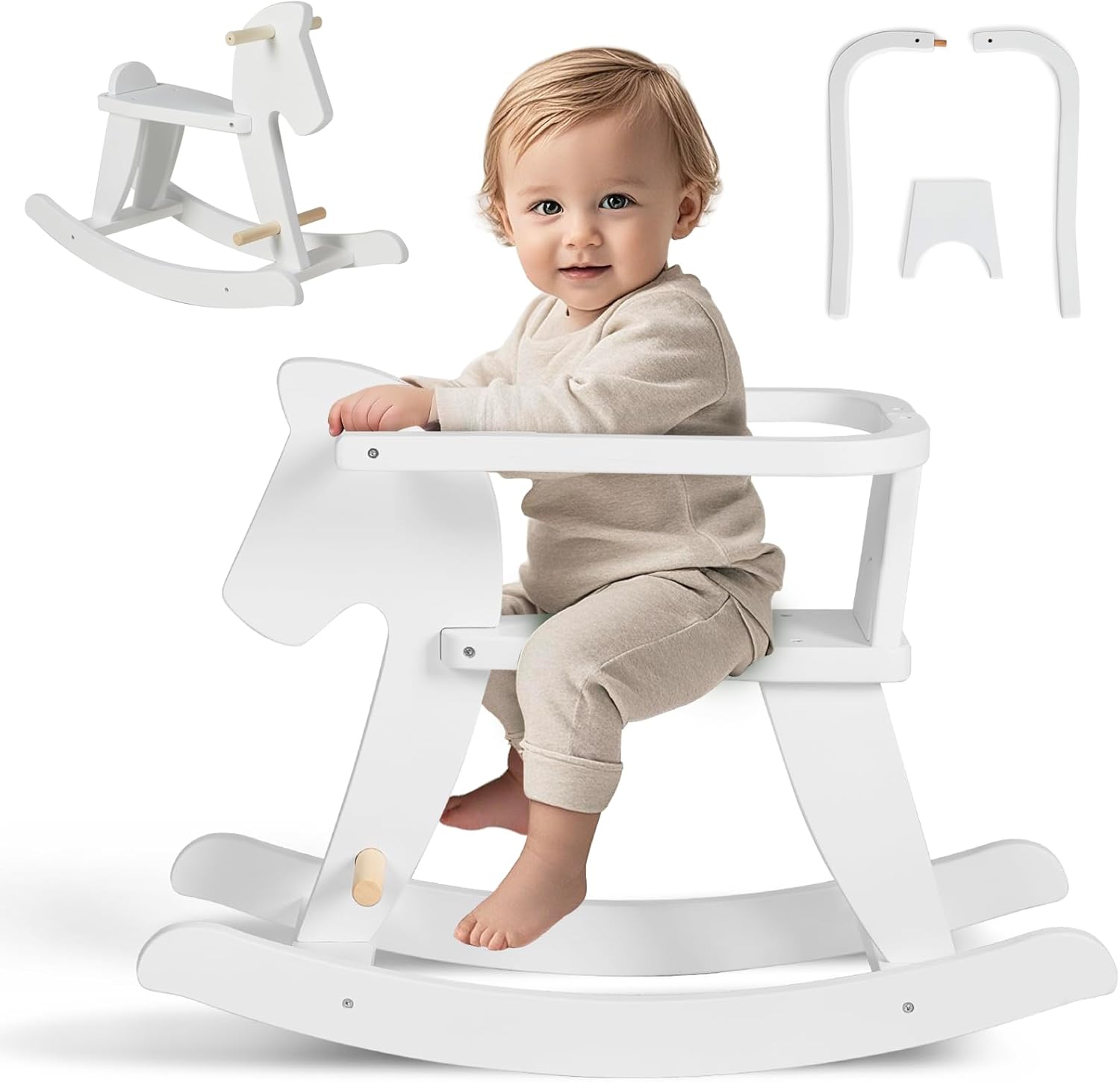 labebe - Wooden Rocking Horse, Baby Wooden Ride On Toys for 12M+, White Rocker Toy with Removable Fence, Toddler Riding Toy Indoor/Outdoor, Nursery Birthday Gift