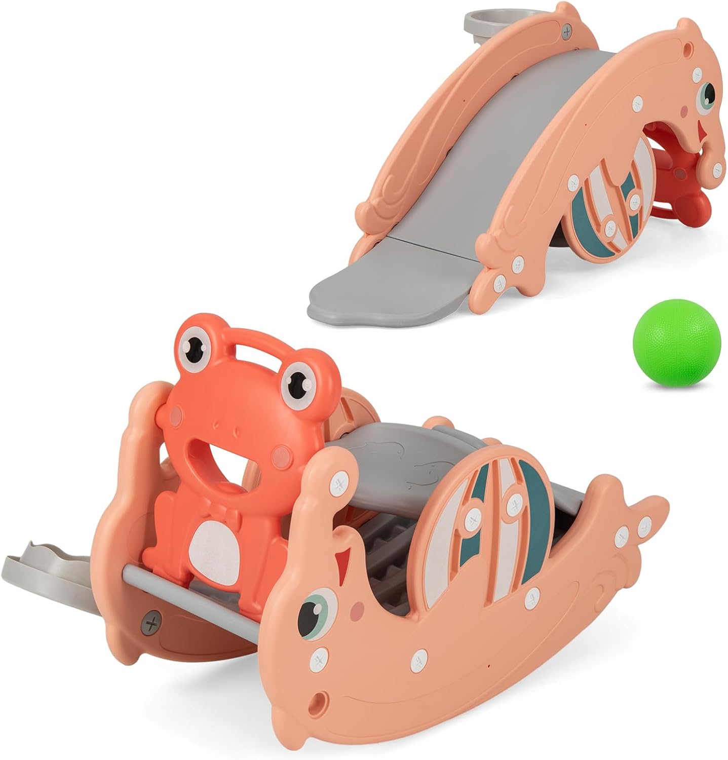 Costzon 4 in 1 Toddler Slide Rocking Toy, Slide for Kids with Basketball Hoop, Rocking Horse, Climber Playground Kids for Both Indoors Outdoor Use (Pink Frog)
