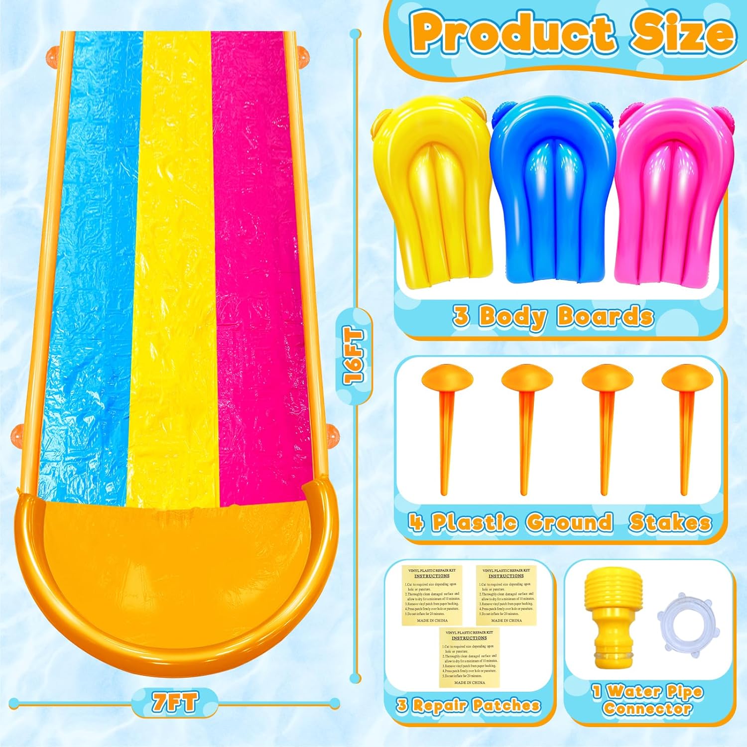 [ 3 Sided Safe Fence ] Extra Width Triple Slip Water Slide with 3-Way Sprinklers, Backyard Lawn Water Slides and 3 Bodyboards with Handle, Summer Outdoor Water Fun Toys for Kids Adults,16Ft x 7Ft