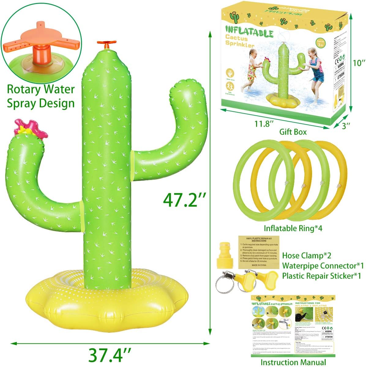 Sprinkler for Kids Outdoor Water Toy, Inflatable Cactus Toddler Sprinkler Toy Summer Water Toys Outside Backyard Garden Yard Fun Sprinklers Spray Toys with 4 Rings