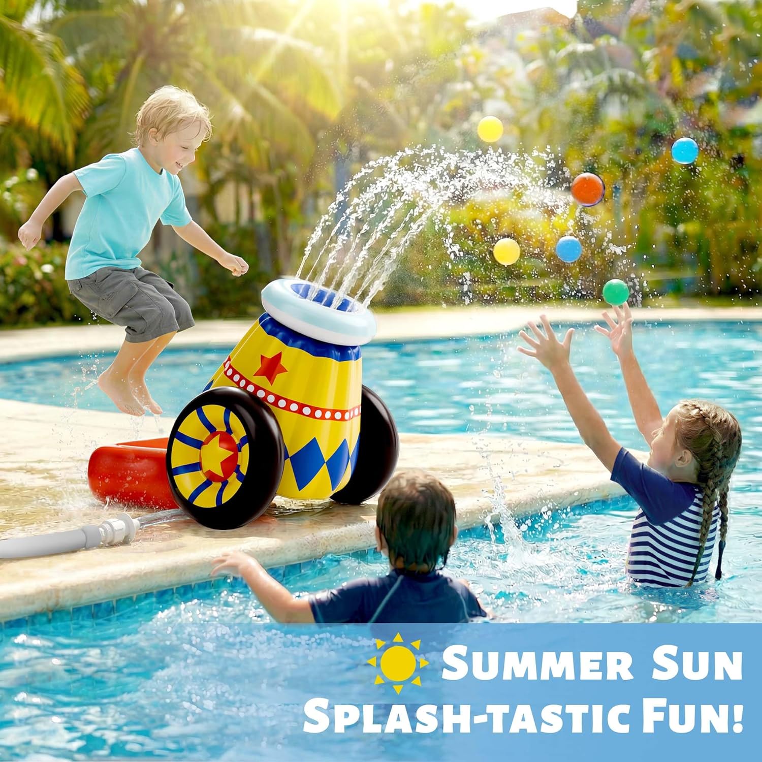 Funscape Inflatable Launching Ball Pool Toy, Kids Water Spray Ball Shooting Pool Game, Outdoor Poolside Yard Beach Activity Water Toy, Swimming Summer Party Gift 3 4 5 6 7 8 Year Old Toddler Boy Girl