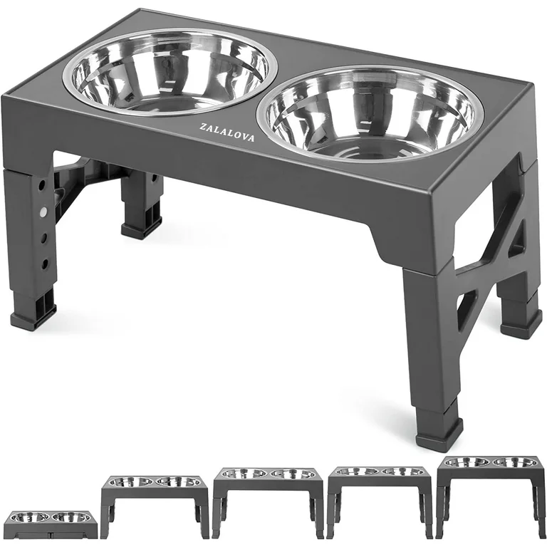 ZALALOVA Elevated Dog Bowls Stand with 2 Stainless Steel Dishes, Raised Dog Bowl Adjusts to 5 Heights (3.15", 8.9", 10",11.2", 12.4") for Medium and Large Dogs（Gray)