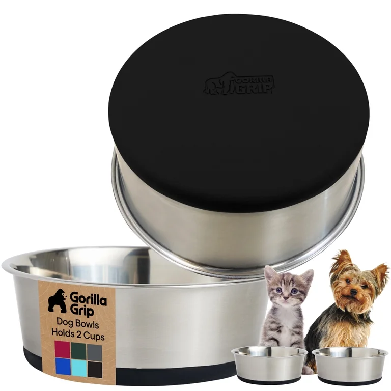 GORILLA GRIP Dog Bowl Set of 2, Food Grade 304 Stainless Steel, Silicone Base, Holds 2 Cups, Black