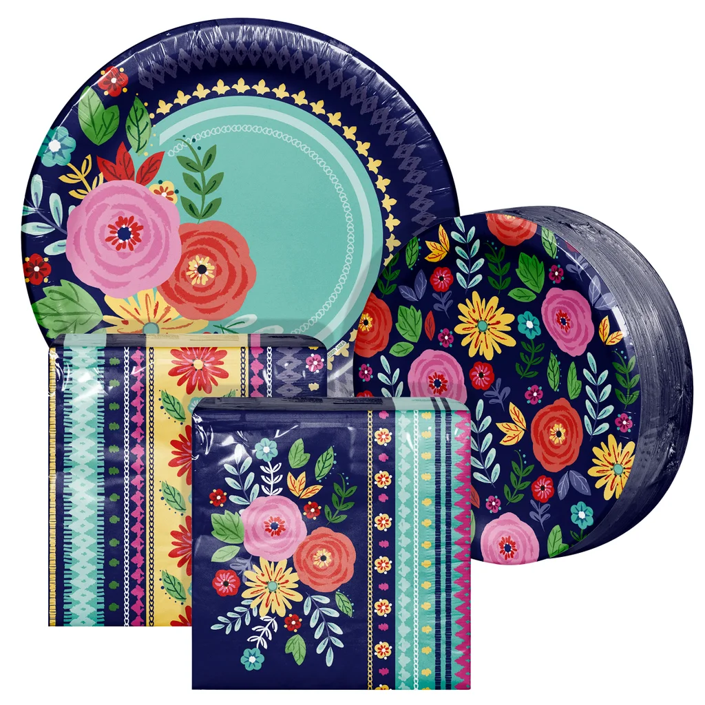 Artstyle Paper Plate & Napkin Bundle, Spring Embroidered Florals, 200-count