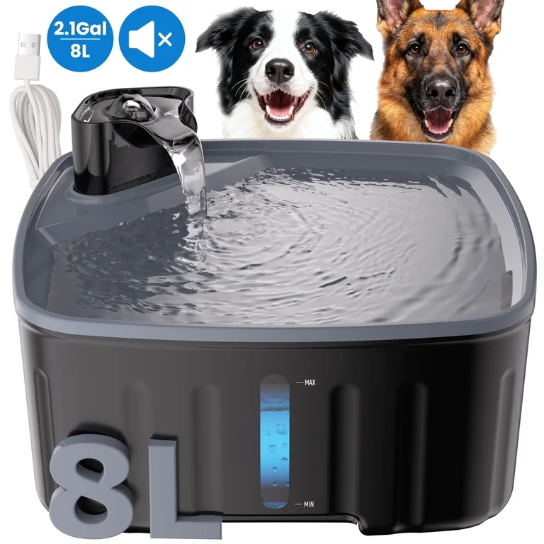 FURCLAN 8L/2.1Gal Dog Water Fountain for Large Dogs, BPA-Free Pet Water Dispenser with Visible Level, Quiet Pet Water Fountain, Indoor Cat Water Fountains, Black