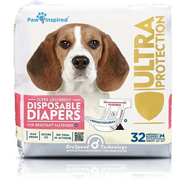 Paw Inspired 32ct Disposable Dog Diapers Female (Medium)| Puppy, Doggie, Cat, Pet Diapers |Diapers for Dogs in Heat Period, Diapers that Stay on, Senior, Excitable Urination, or Incontinence