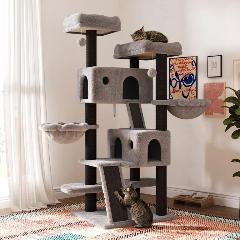Merrland 65.7 " Large Cat Tree Tower Condo for Cats with 2 Scratching Ramps, Hammock & Scratching Posts, Black & Gray