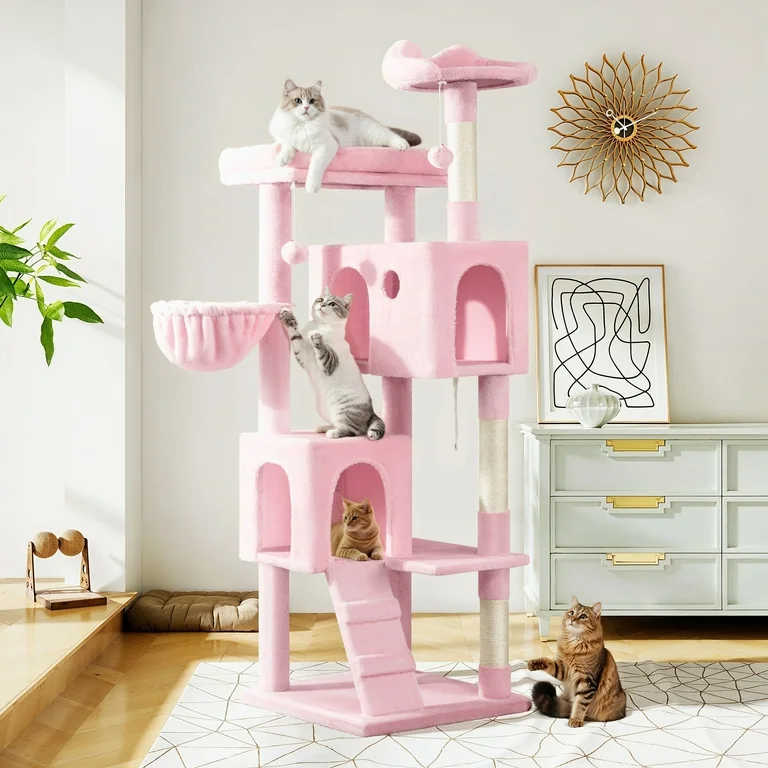 Amolife 64" Large Cat Tree and Tower with Stair, Condo House & Scratching Posts for Indoor Cats, Pink