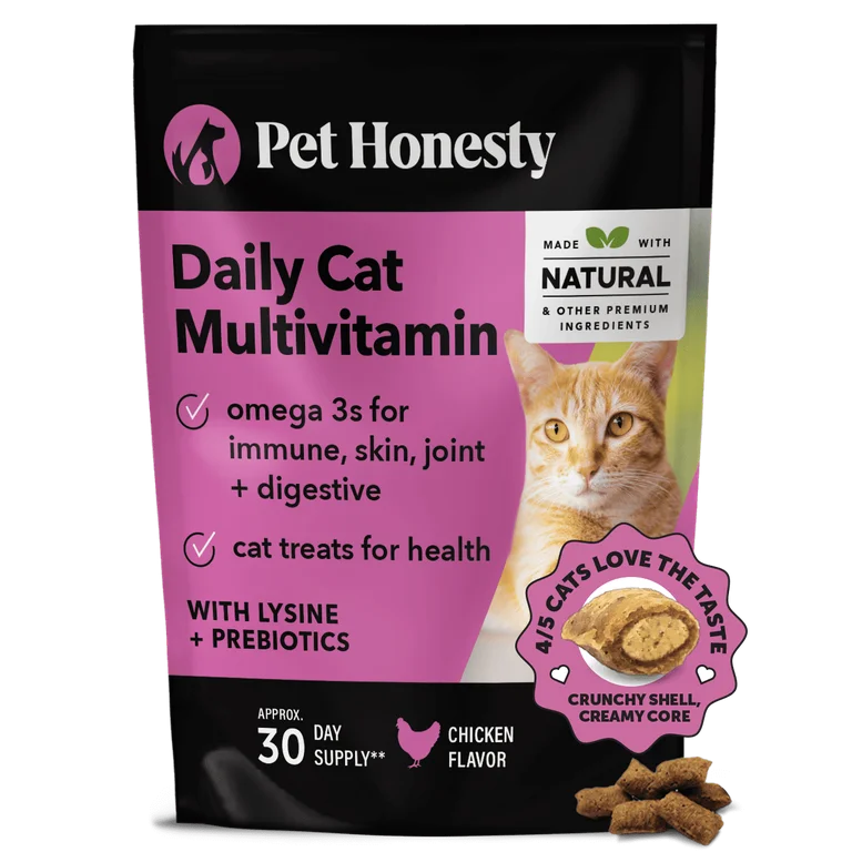 Pet Honesty Dual Texture Chicken Flavor Daily Cat Multivitamin for Health + Immune, Joint Support, Skin & Coat, & Digestion - Vitamins with Omega 3s, Lysine & Probiotics (3.7 oz)