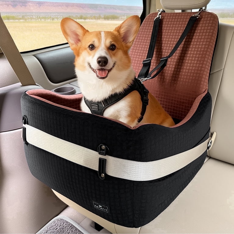 PETSFIT Dog Car Seat for Small/Medium Dogs Up to 35 lbs – Patented Safety System, 6" Memory Foam Pet Booster Car Seat, Fully Detachable and Washable (Black/Brown)