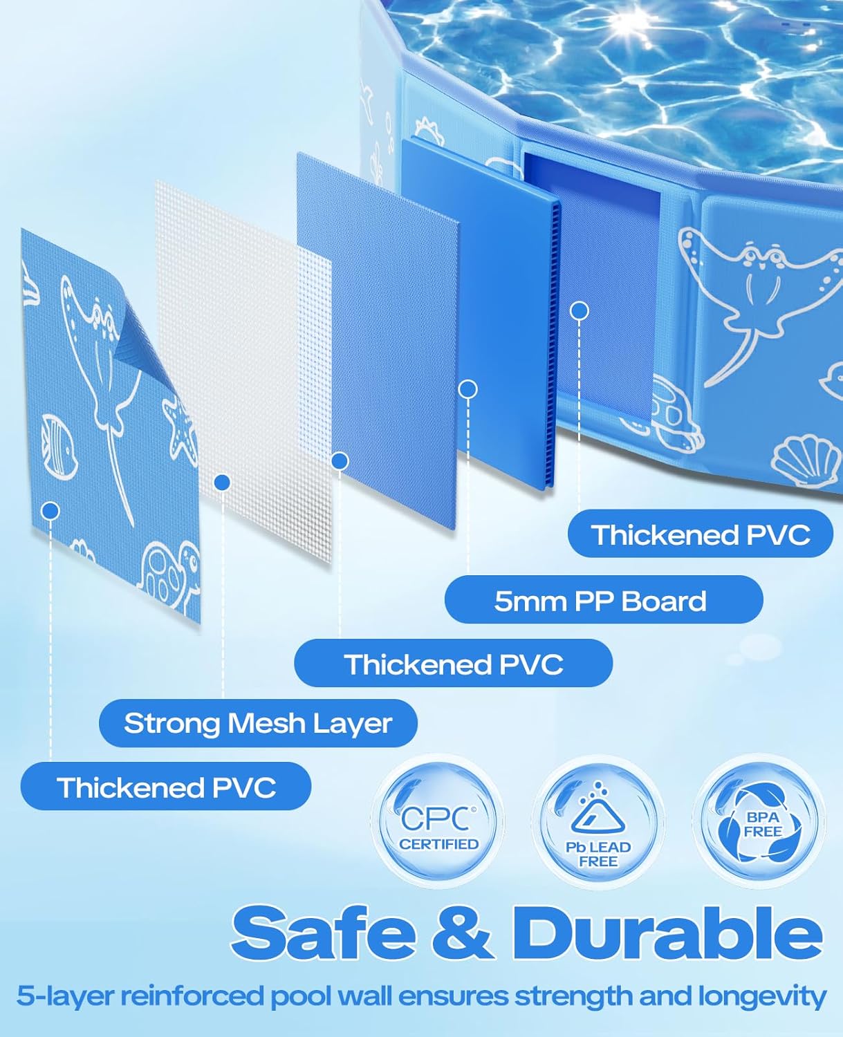 Foldable Kiddie Pool with Canopy, 47in Kids Pool with Detachable UPF 50+ Sunshade, Portable Non-Slip Swimming Pool Dog Pool for Backyard, Beach, Outdoor Summer Water Play