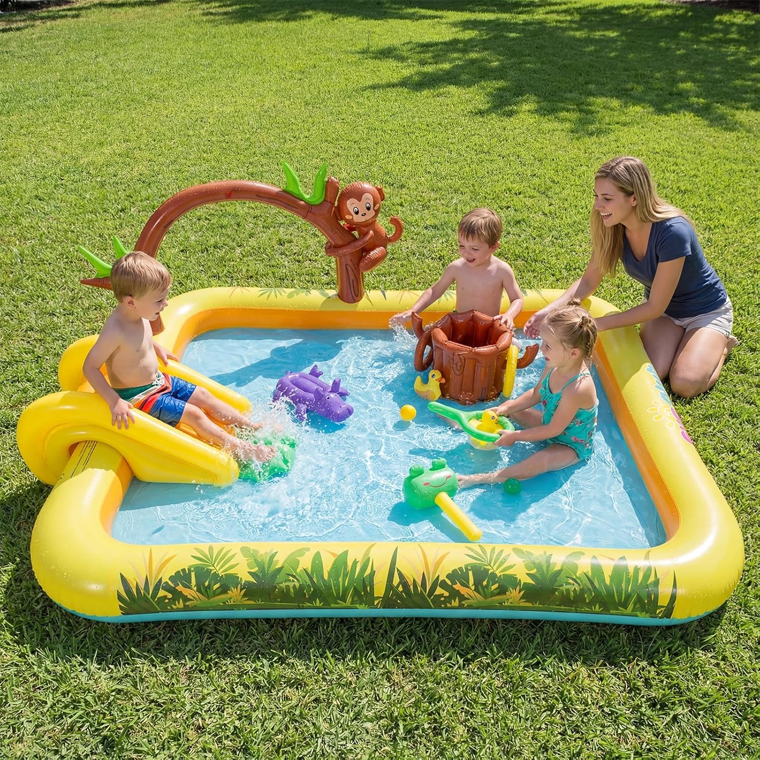 Costzon Inflatable Kiddie Pool, Animal Spray Inflatable Play Center with Slide, Sprinkle, Kids Oval Wading Swimming Pool, Outdoor Kids Summer Playhouse Inflatable Water Park for Backyard, Garden