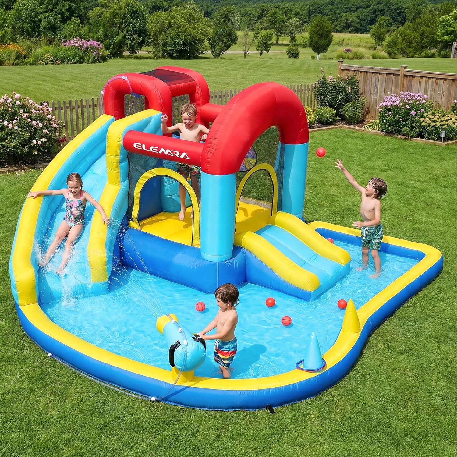 ELEMARA Inflatable Water Slide, 9 in 1 Kids Bounce House with 2 Slides, Pool&Trampoline, Fun Dart Game&Ring-toss Game, Climbing Walls, Bounce House with Blower for Outdoor Indoor, 108.3*106.3*56.3in