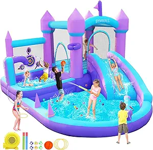 Water Bounce House with Slide for Kids 3-8, Purple Inflatable Bouncy Castle 12.5 * 6FT with 480W Blower Jumping Space Ball Pit Swimming Pool, Indoor Bouncy House for Party Birthday Event Gift
