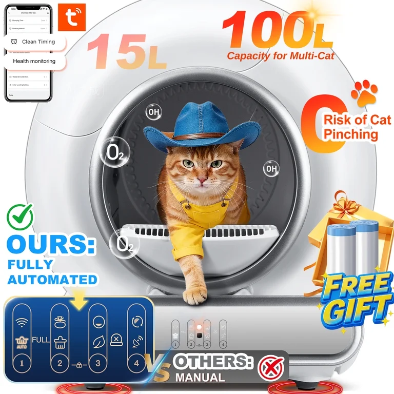 Self Cleaning Cat Litter Box, 115L Automatic Litter Box w/ Liner, 10 Sensor Protection for Multi Cat, Dual APP+ Panel Control,Odor Removal,Litter Box