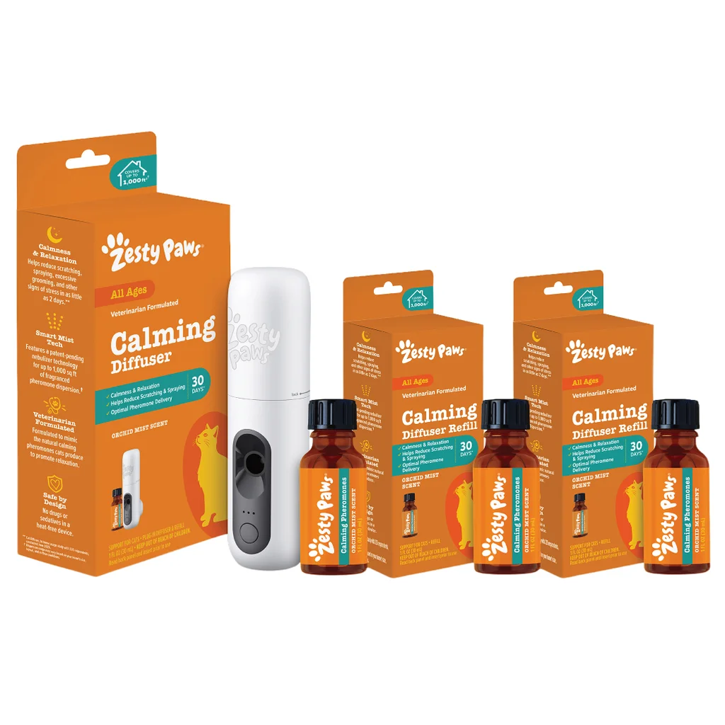 Zesty Paws Calming Diffuser and Refills for Cats, Orchid Mist Scent, 1 Diffuser + 3 Refills