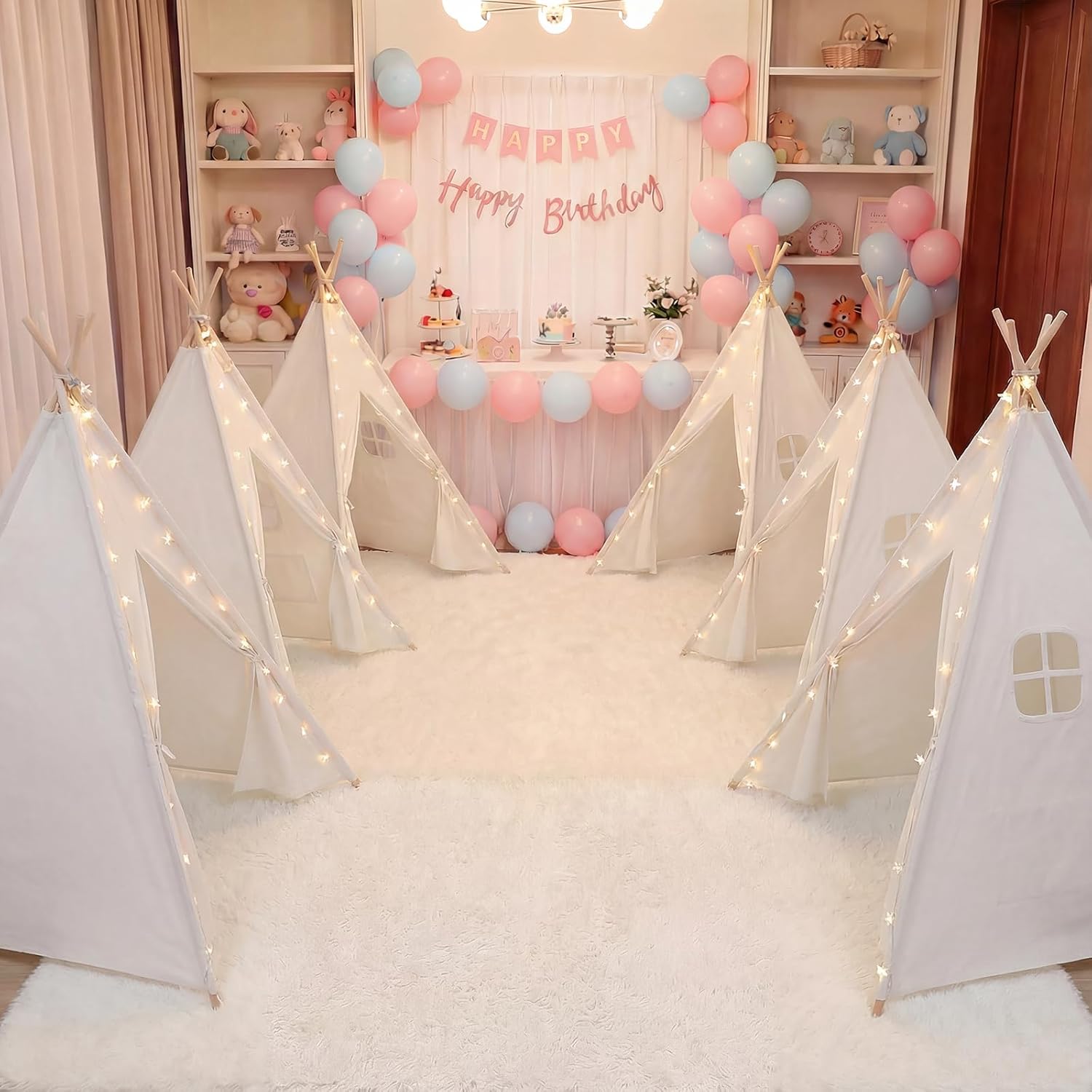 6 Pack Teepee Tent for Kids Sleepover Party Indoor, Gift Set with Inflatable Airbeds, Washable & Foldable Toddler Slumber Party Tent for Girls & Boys, White