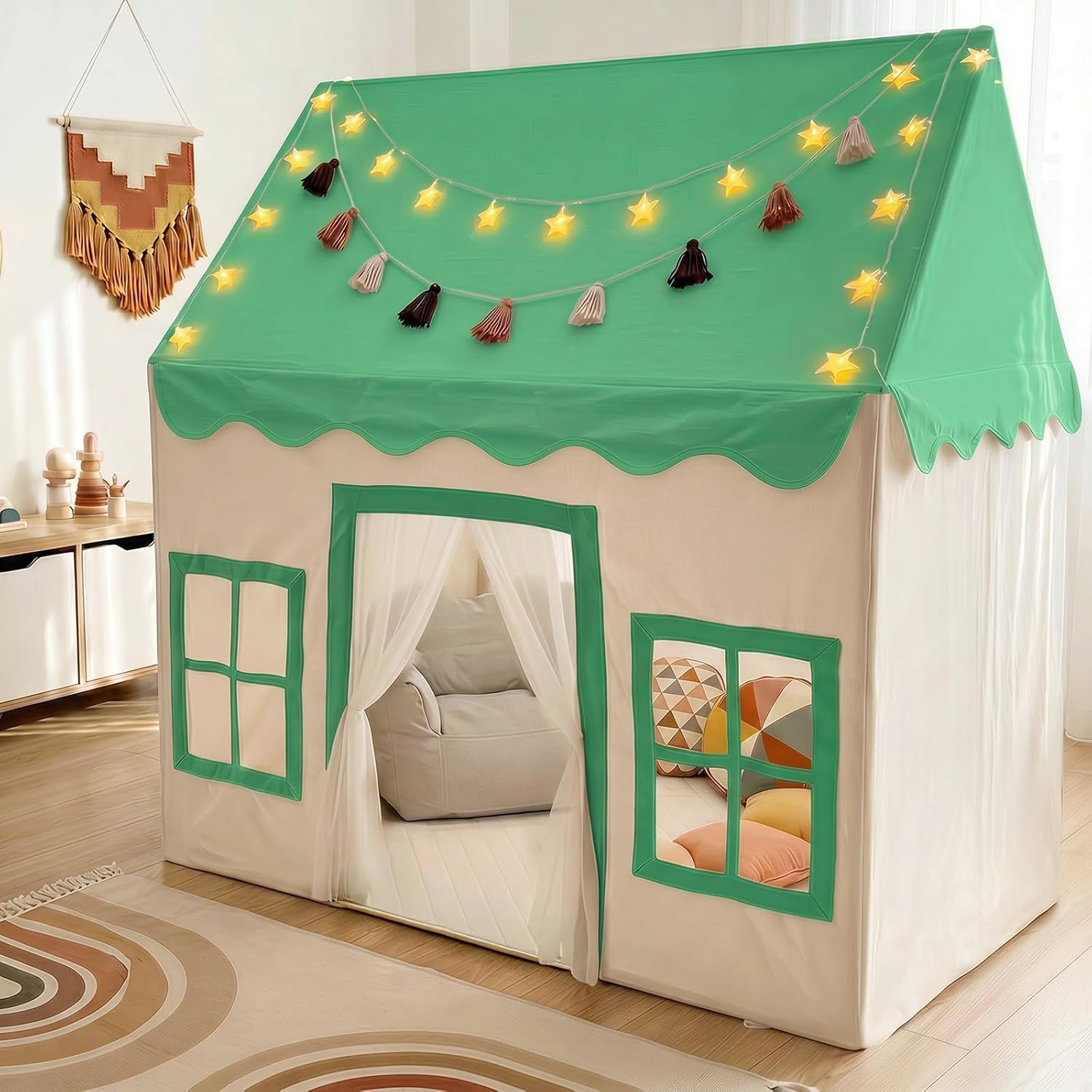 Play Tent with Mat, Star Light Large Kids Playhouse with Windows Easy to Wash, Indoor and Outdoor Play Tents for Kids, Little Dove Toys for Girls, Boys, 47x40x52 (Green Playhouse, Large Size)