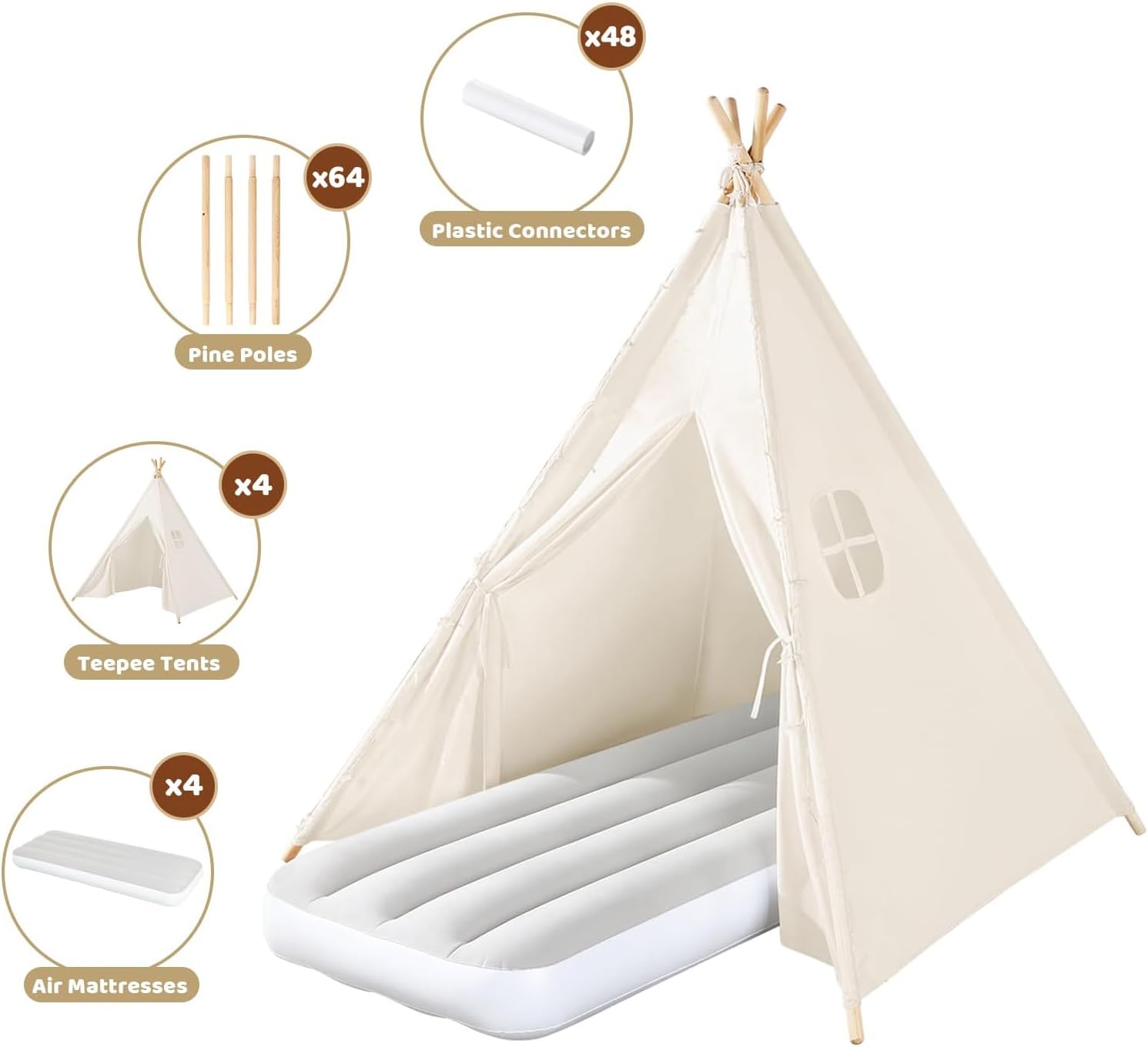 Sumbababy 4 Pack Teepee Tent for Kids Slumber Party, Sleepover Tents with Inflatable Airbeds, Foldable Indoor Play Tent Natural Canvas Washable Fabric