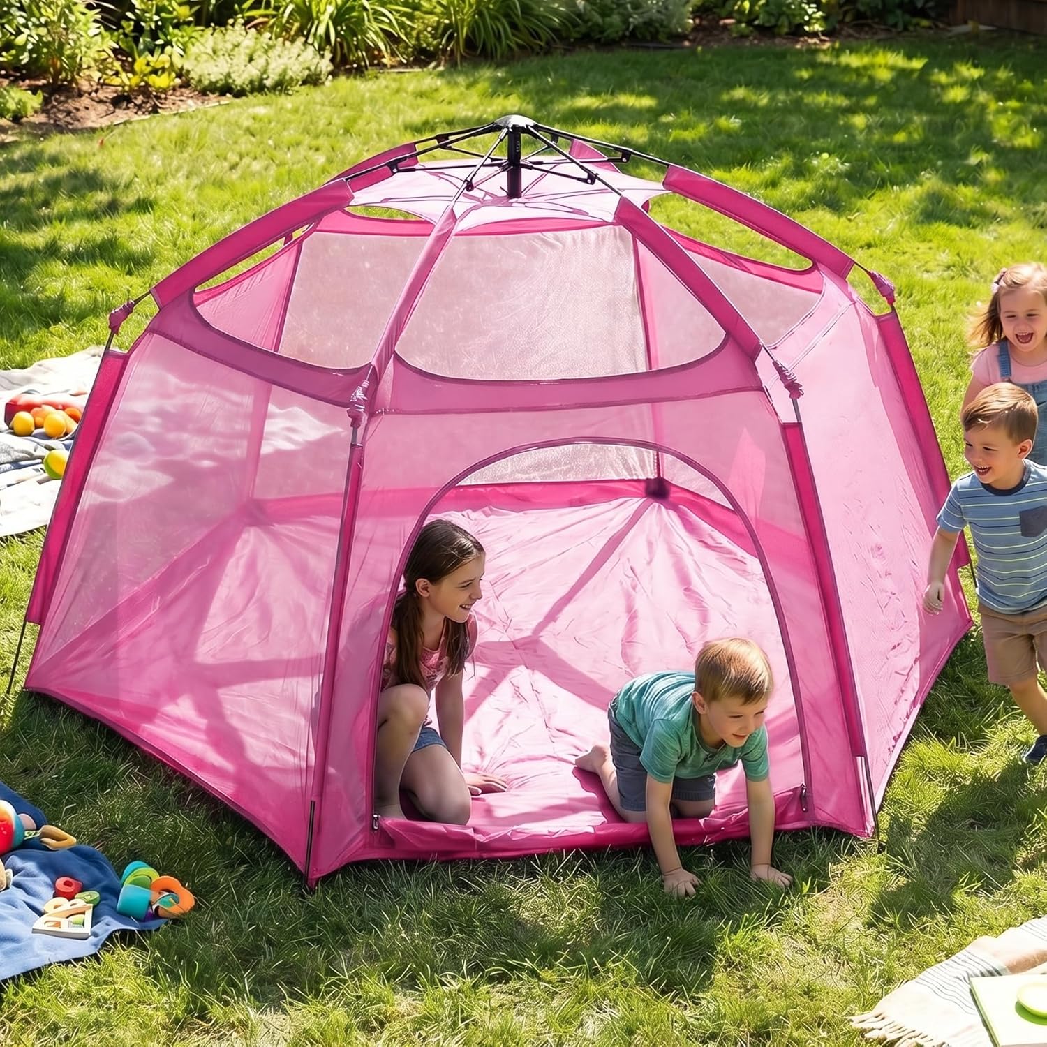 Alvantor® Pop Up Playpen- 7'x7'x44”Baby Playpen Large Kids Play Tent Portable and Foldable Playpen Indoor/Outdoor Play Yard with Protective Mesh, UV SPF 50+ Sunshade, and Soft Foam Floor, Pink