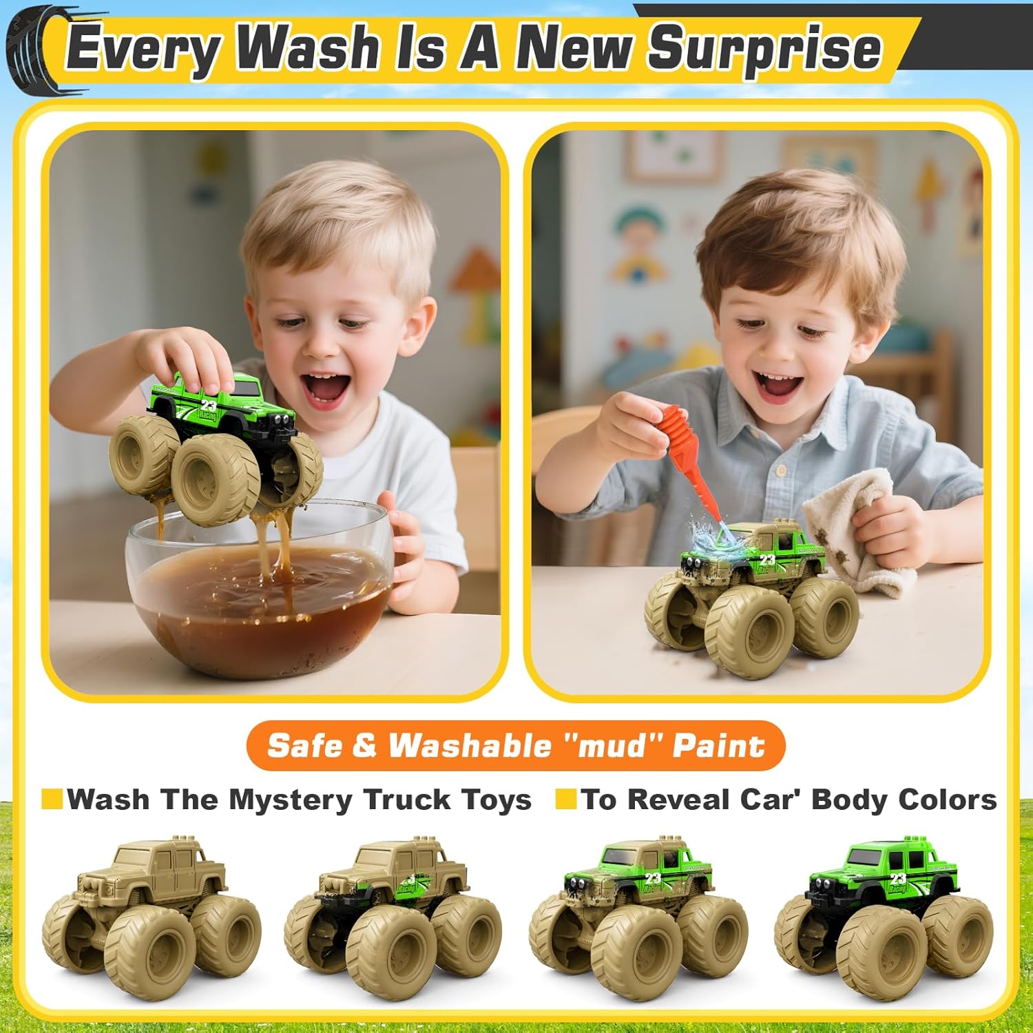 Monster Truck Toys for 3, 4, 5, 6, 7 Year Old Kids, Wash to Reveal Monster Trucks for Toddlers, 4 Pack Toy Trucks with Realistic Mud Paint, Ideal Birthday for Boys Grils 3-5 6-8