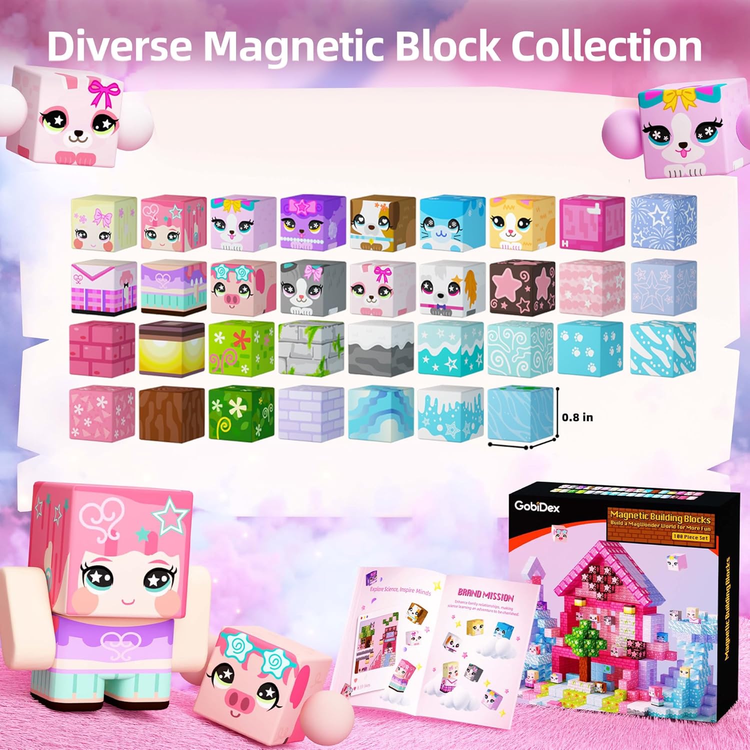 Magnetic Blocks — GobiDex 100PCS Kids Pink Princess Castle Building Blocks Set, Enchanting Cottage with Cute Pets for Girls Age 3+, STEM Sensory Building Toy for Toddler Birthday Gift