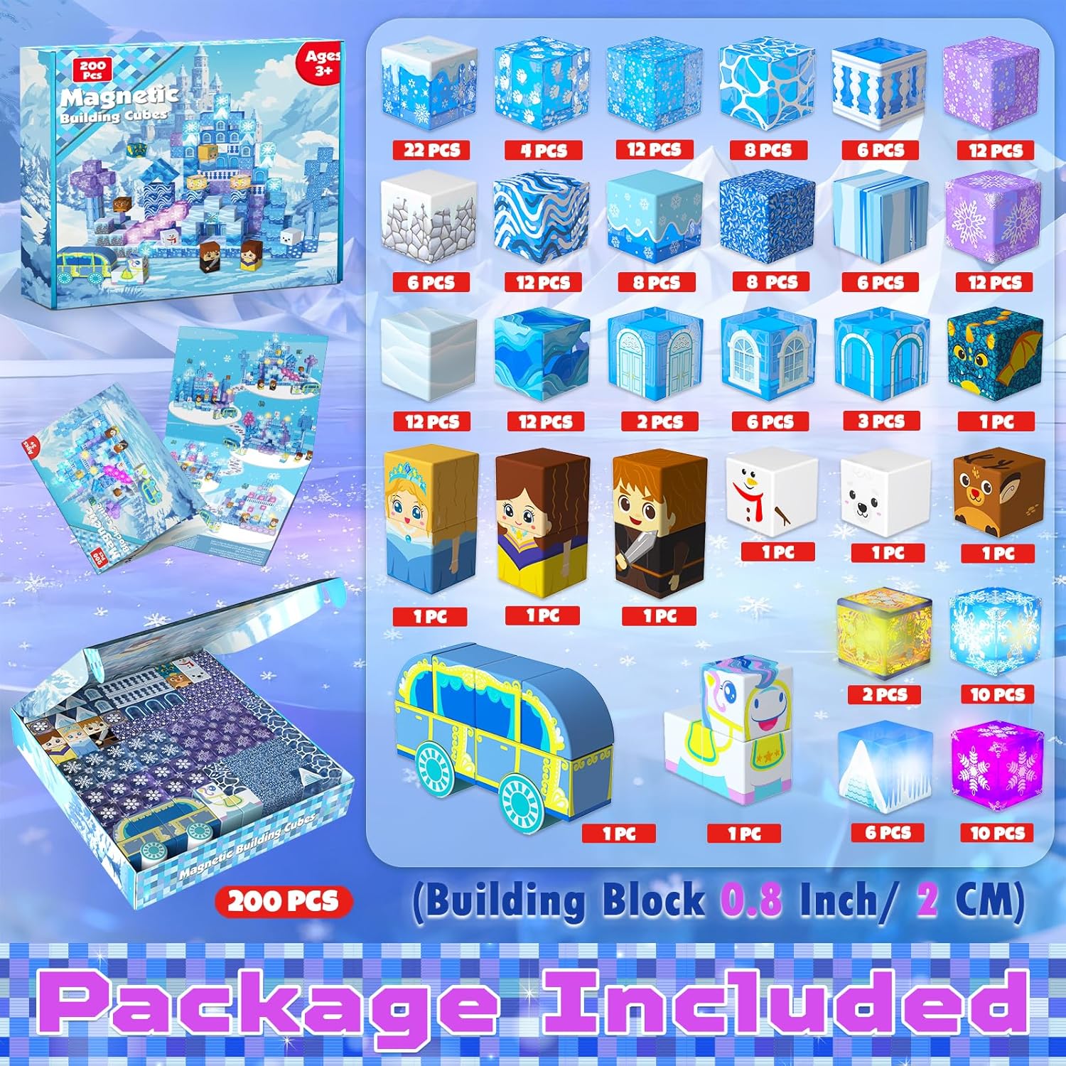 200 PCS Light Up Magnetic Blocks, Transparent Magnetic Building Block for Blue Snow Princess Castle, Frozen Magnet Cubes STEM Toys for Girls Age 3 4 5 6 7 8 9 10 11 12 13 Birthdays Gift for Kids