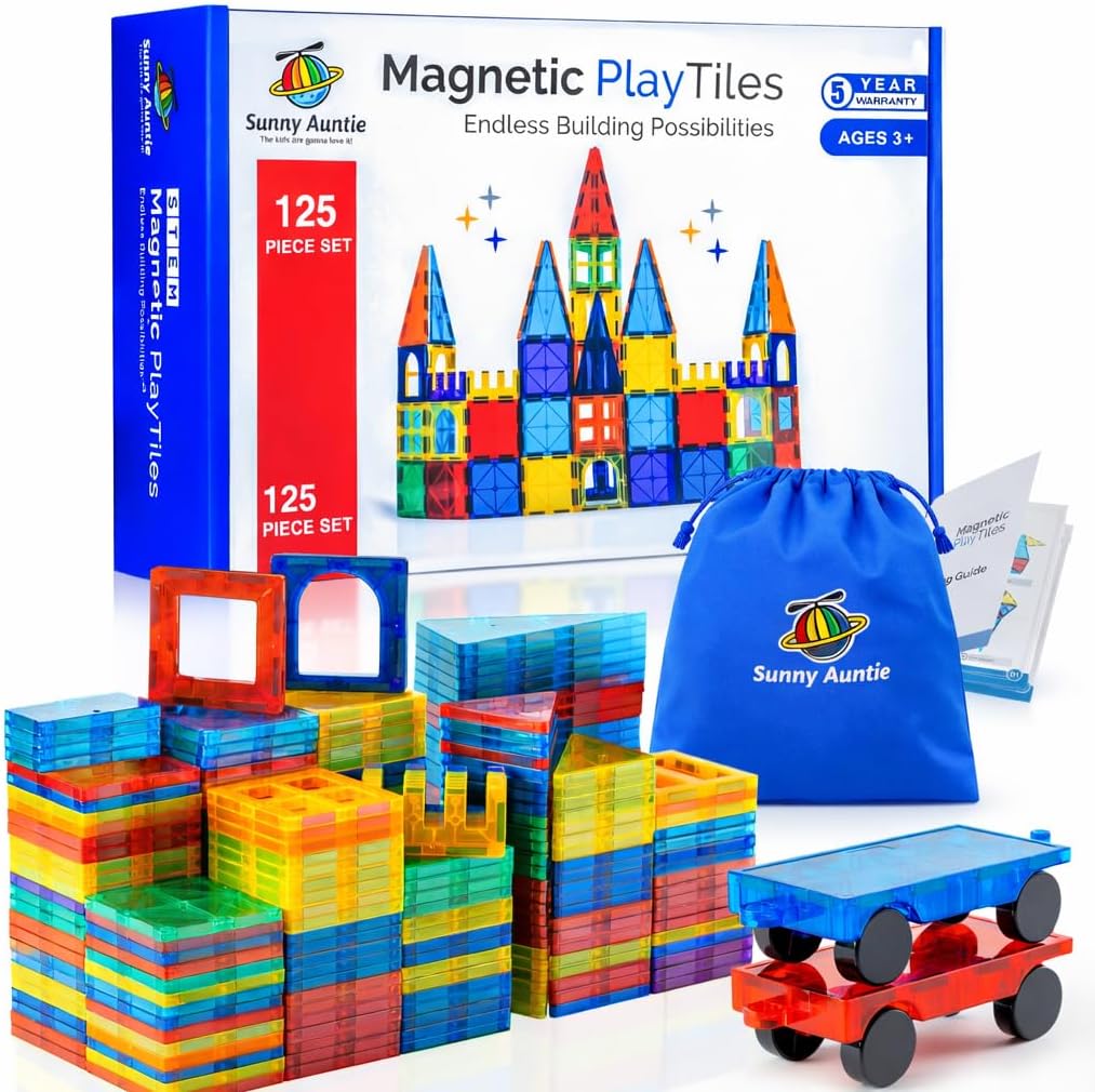 SUNNY AUNTIE Magnetic Tiles 125 PCS XL Set with Storage Bag – Magnetic Building Tiles for Kids Ages 3-8, STEM Magnet Construction Toy for Boys & Girls