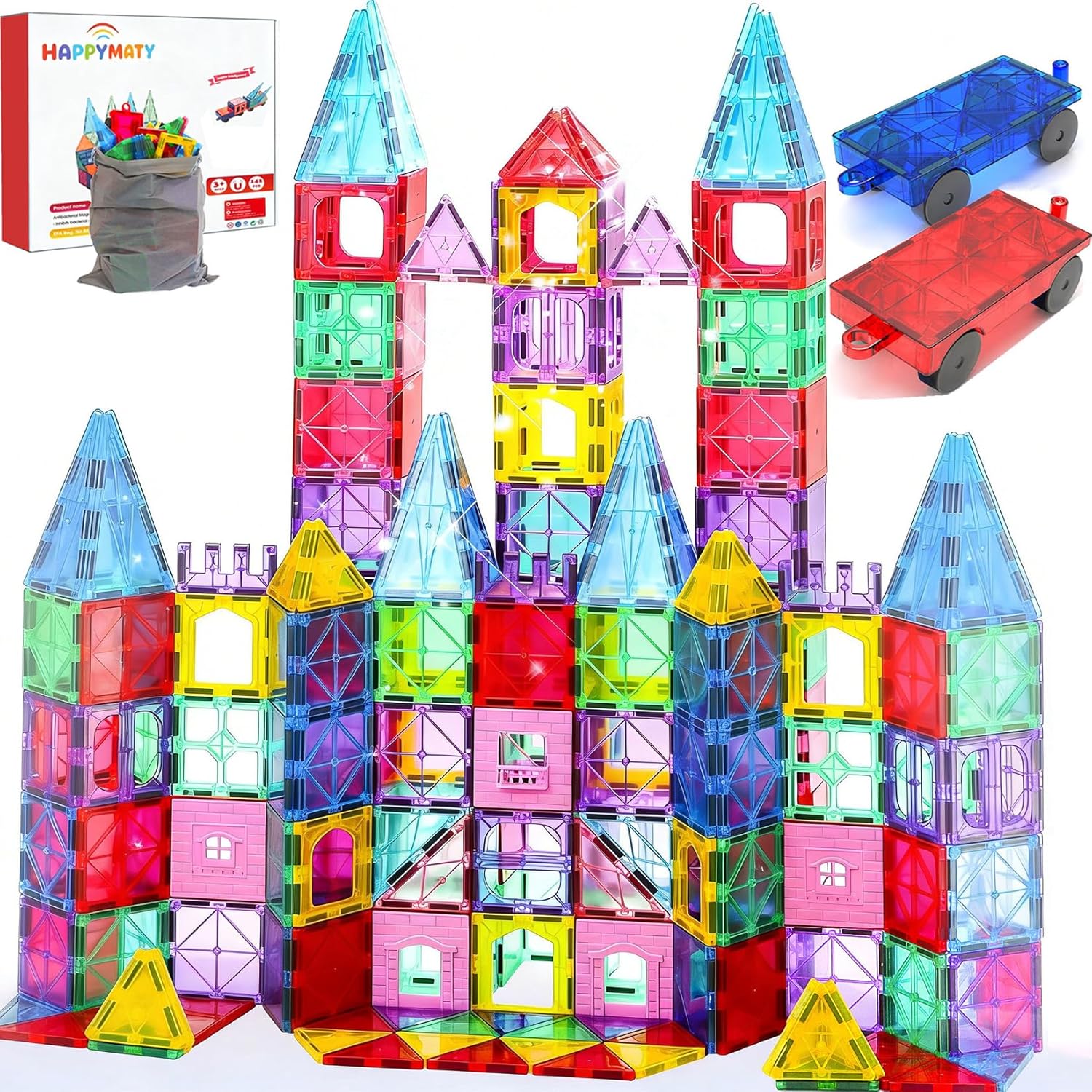 Upgraded Antibacterial Magnetic Tiles - 106 PCS Magnet Building Tiles with 2 Cars for Kids Aged 3+, Inhibits Bacterial Growth for Safer Play, 3D STEM Educational Construction Blocks Toy