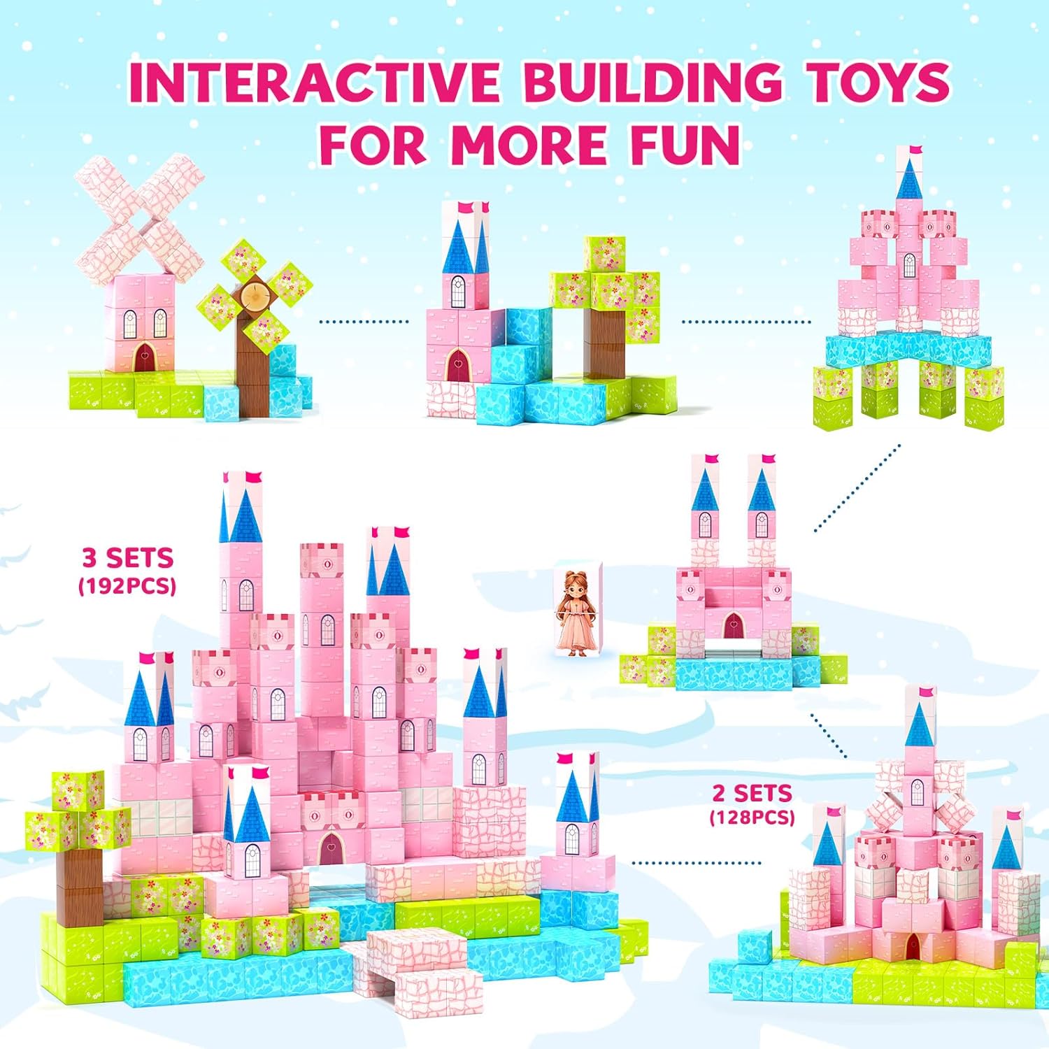Hiwawind Large Magnetic Blocks 64Pcs (1-Inch), Princess Castle Building Toys, Birthday Gifts for 3 4 5 Year Old Girls, STEM Toddler Travel Toys for Age 3-8
