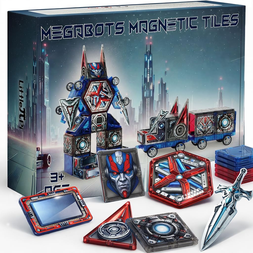 Little Pi Magnetic Tiles MegaBots 58 PCS | Heroic Transformation Robots with Sword & Shield | STEM Creative Building Play for Kids Age 3 4 5 6 7 8