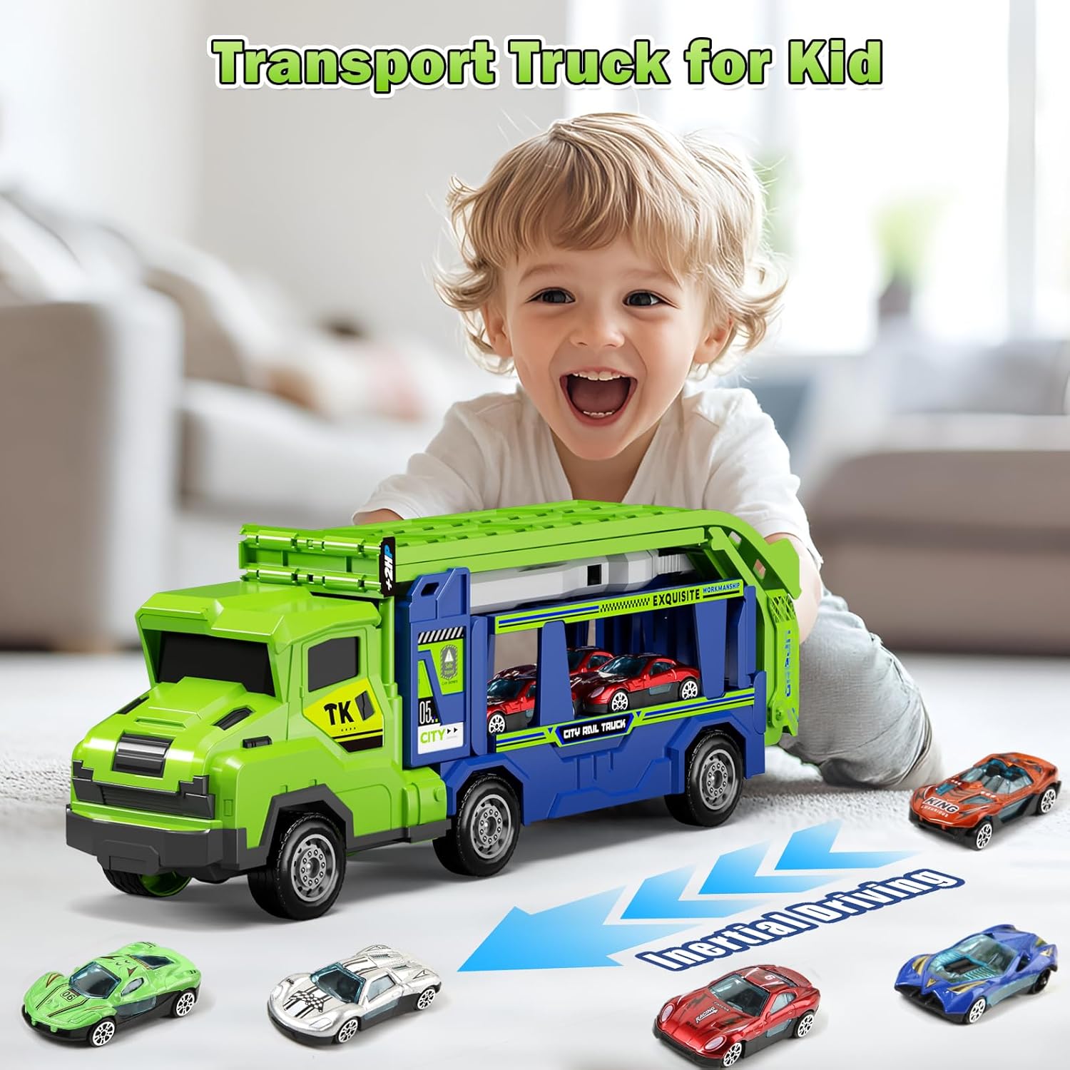 Kids Toys for 3 4 5 6 7 8 Years Old Boys, 3 in 1 Carrier Truck Transport Car Toys, Foldable 2 Track Truck Playset with 25-in Race Track, 6 Metal Toy Cars, Birthday Toy Gift for Toddler Boys Girls