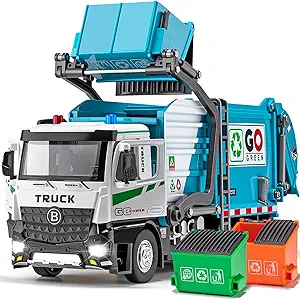 HAPYAD AUTO-Lift Function Garbage Truck Toys Metal Cab, Trash Truck Toy Set with Lights and Sounds Includes 3 Dumpsters, Birthday Gift for Kids Boys Toddlers (Blue)