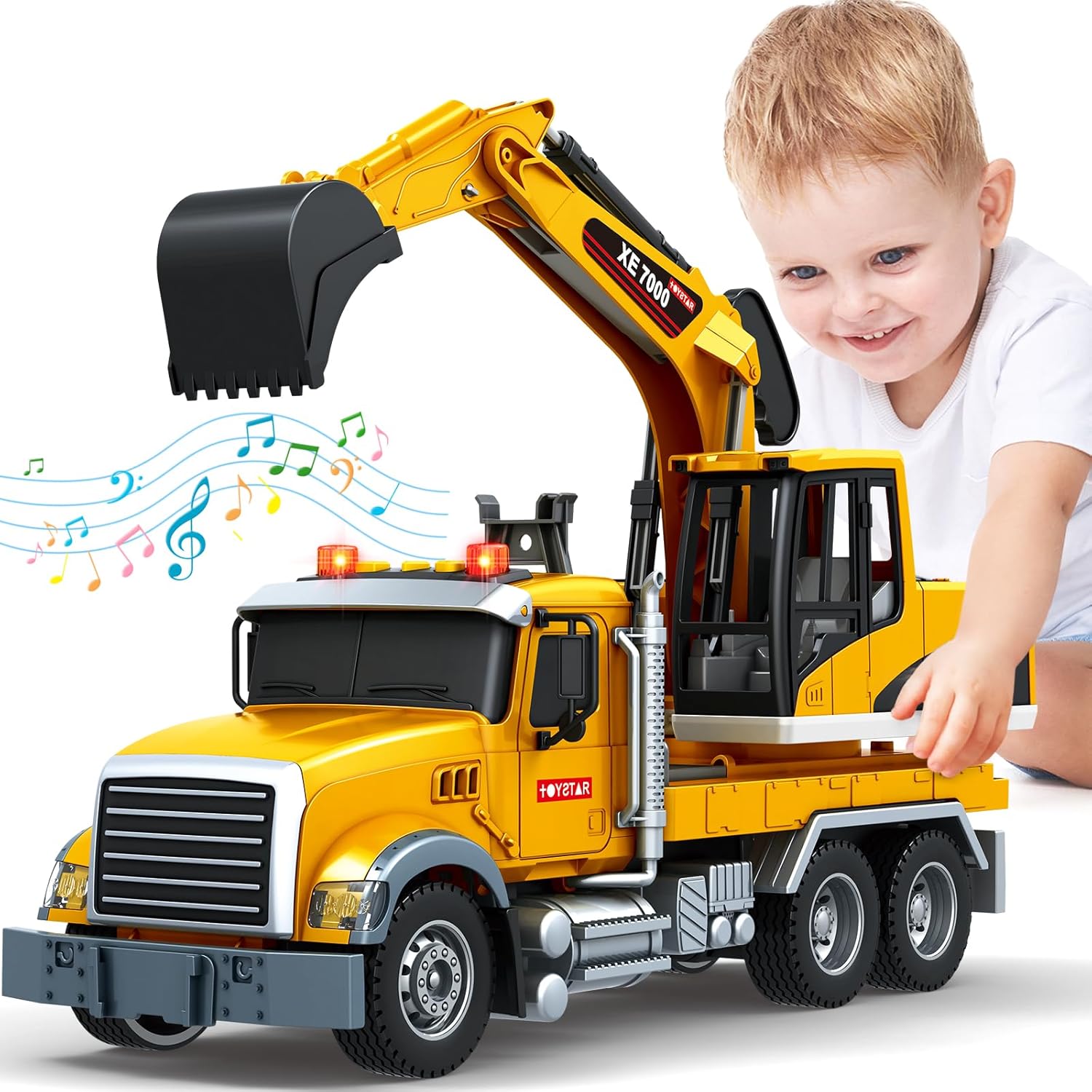 Bstoyder Kids Toys for 3 4 5 6 7 8 Years Old Boys, 15" Excavator Truck Toy with Lights, Sounds, Toddler Friction Powered Truck Vehicle Toy for Boys Girls Birthday Gifts