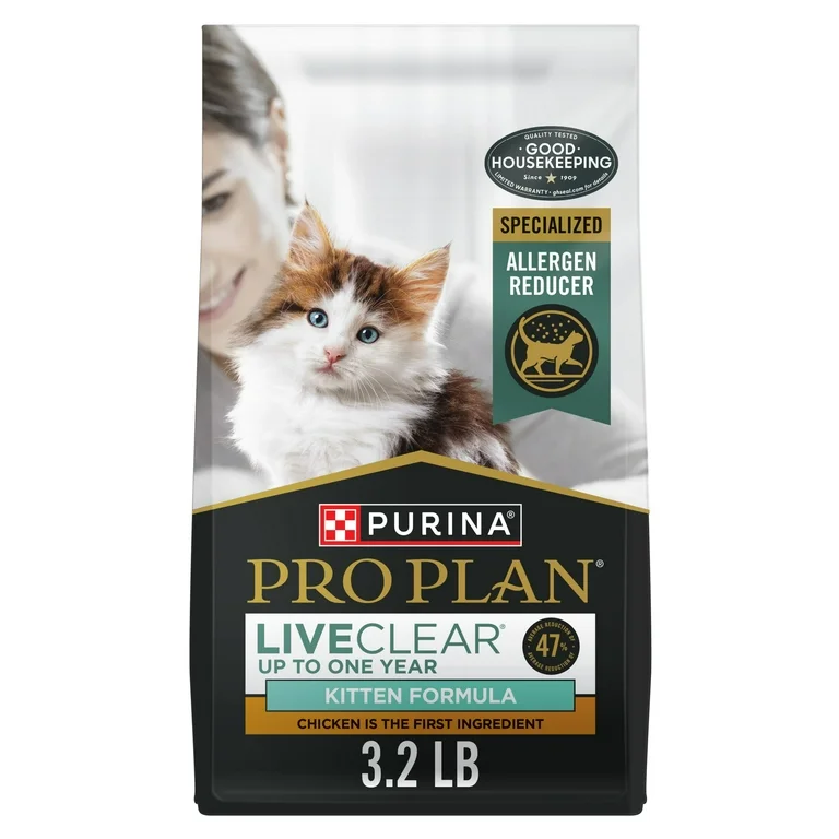 Purina Pro Plan LiveClear Dry Kitten Food Allergen Reducing Chicken and Rice Formula, 3.2 lb Bag