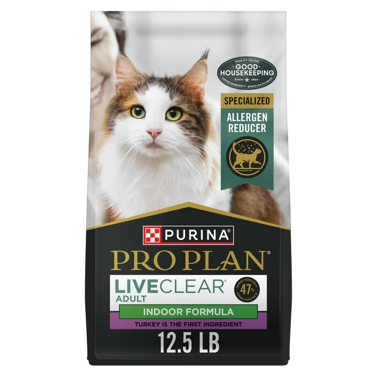 Purina Pro Plan LiveClear Adult Indoor Cat Allergen Reducing Adult Dry Cat Food with Turkey and Rice, 12.5 lb Bag