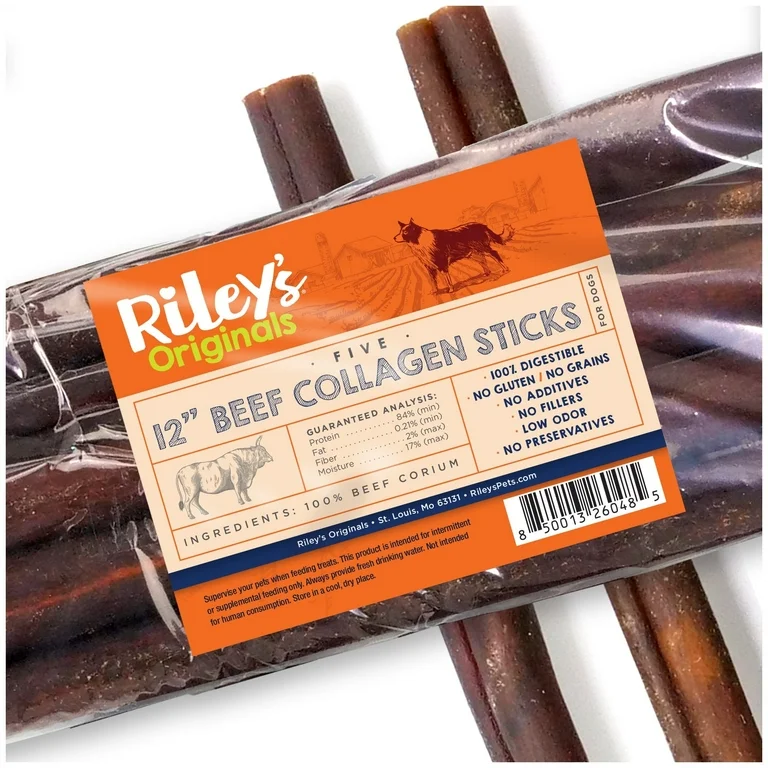 Riley's Premium Collagen Sticks for Dogs, Beef, 12 Inch, 5 Count
