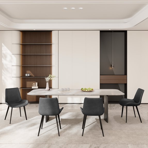 Dining Chairs Set of 4, Mid Century Modern Upholstered PU Leather Dining Room Chairs with Cushioned Seat and Black Metal Legs for Kitchen Dining Table Living Room, Brown Chairs
